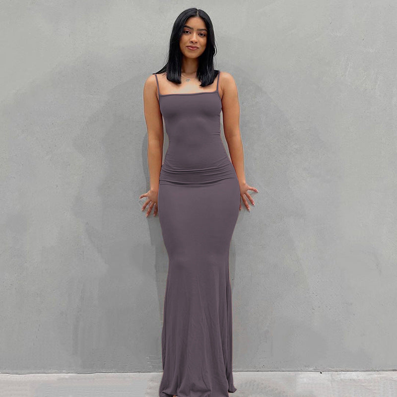 Slim Waist Fit Sling Dress with Peach Hip Design
