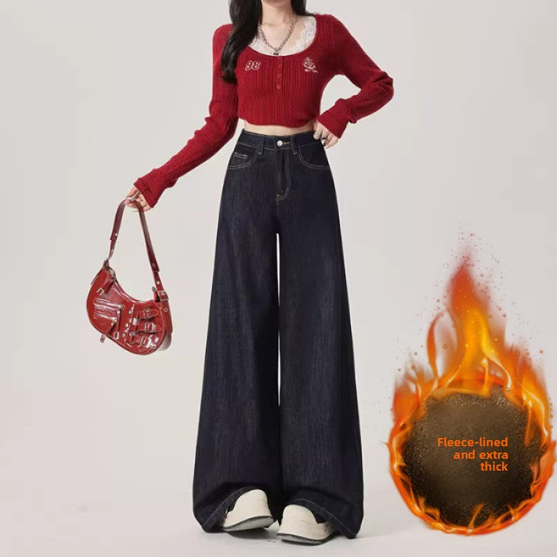 Fleece-Lined Thick Wide-Leg Jeans