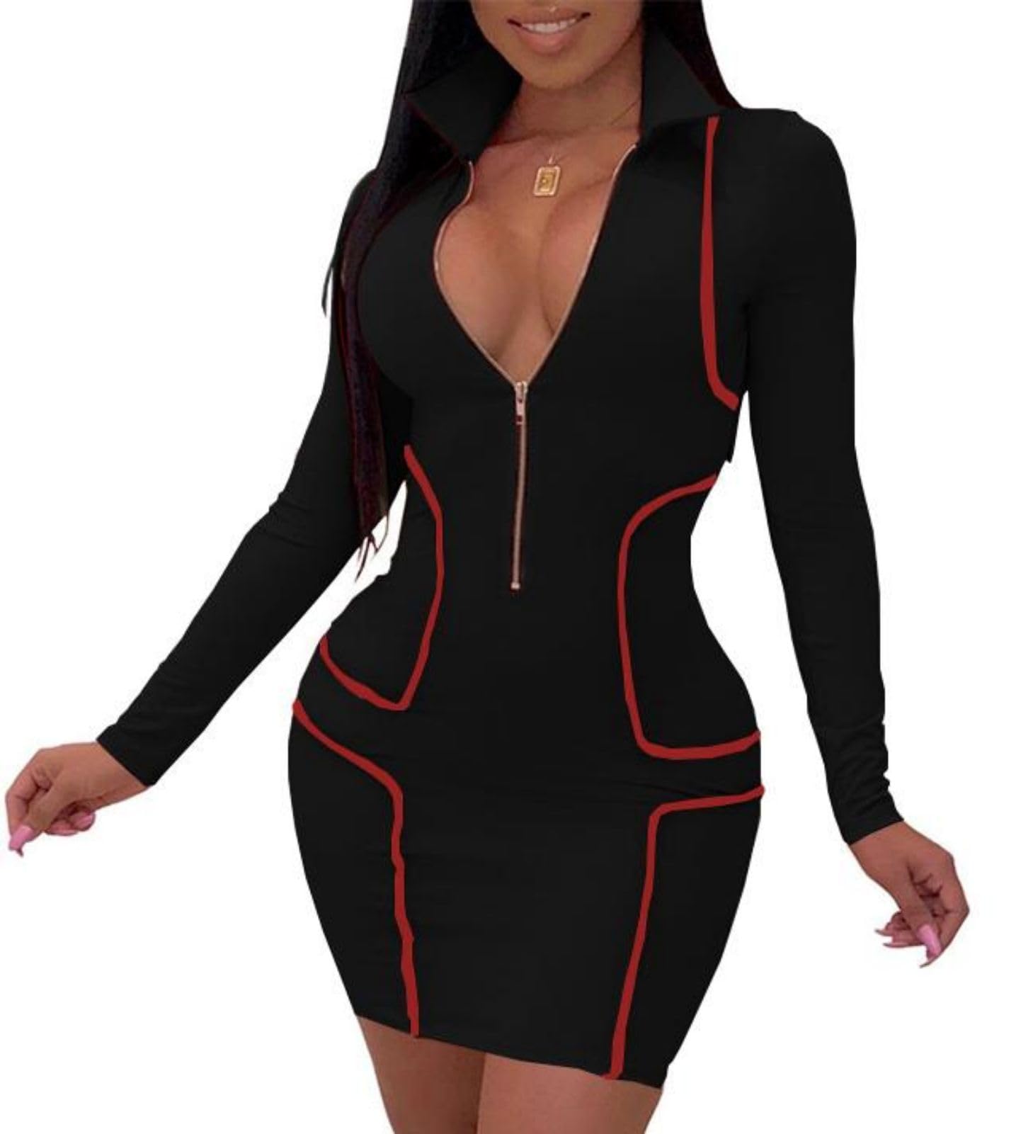 Black Zip-Front V-Neck Bodycon Mini Dress