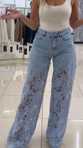 High-Waiste Wide-Leg Floral Denim Jeans