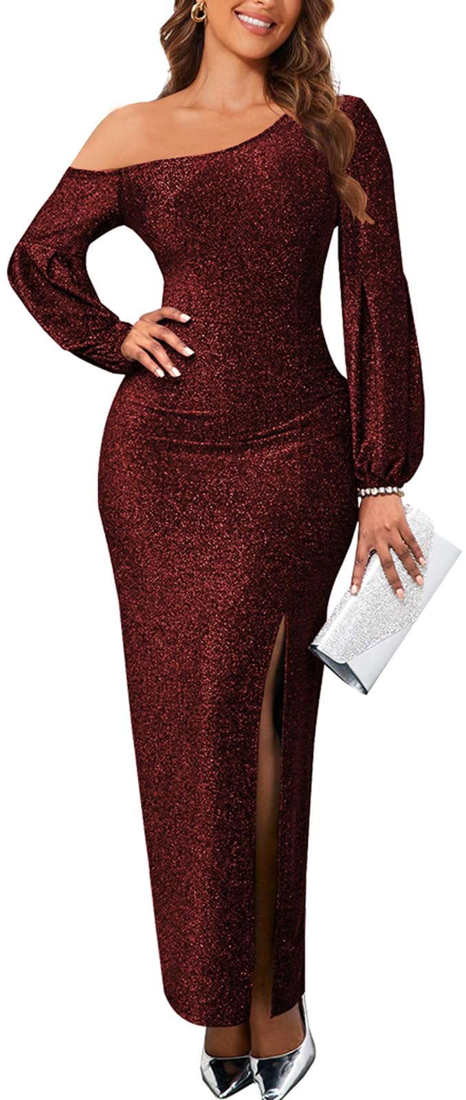 Chic Wine Red Sequin Prom Maxi Dress