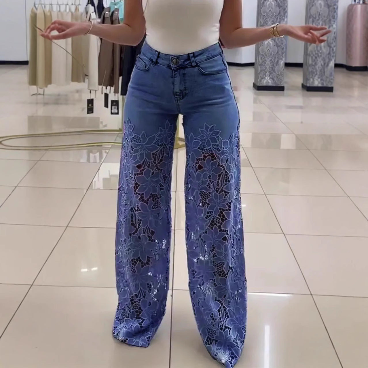 High-Waiste Wide-Leg Floral Denim Jeans