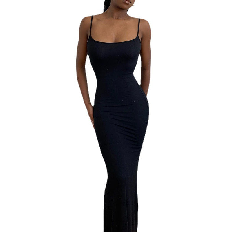 Slim Waist Fit Sling Dress with Peach Hip Design