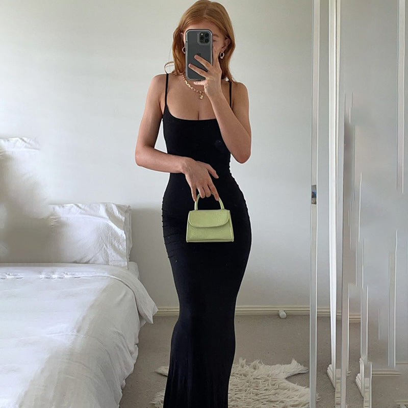 Slim Waist Fit Sling Dress with Peach Hip Design