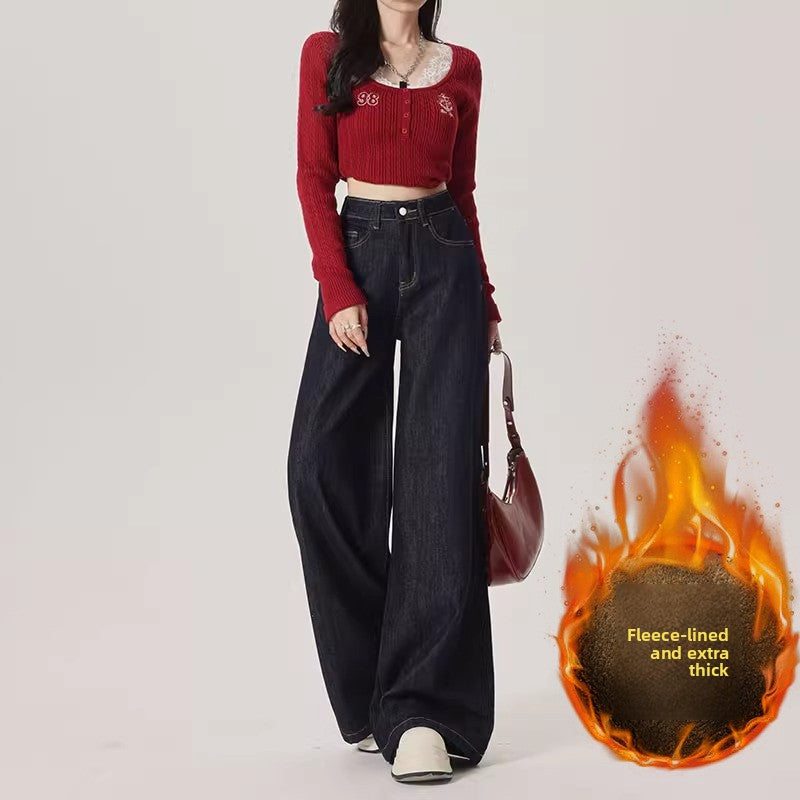 Fleece-Lined Thick Wide-Leg Jeans