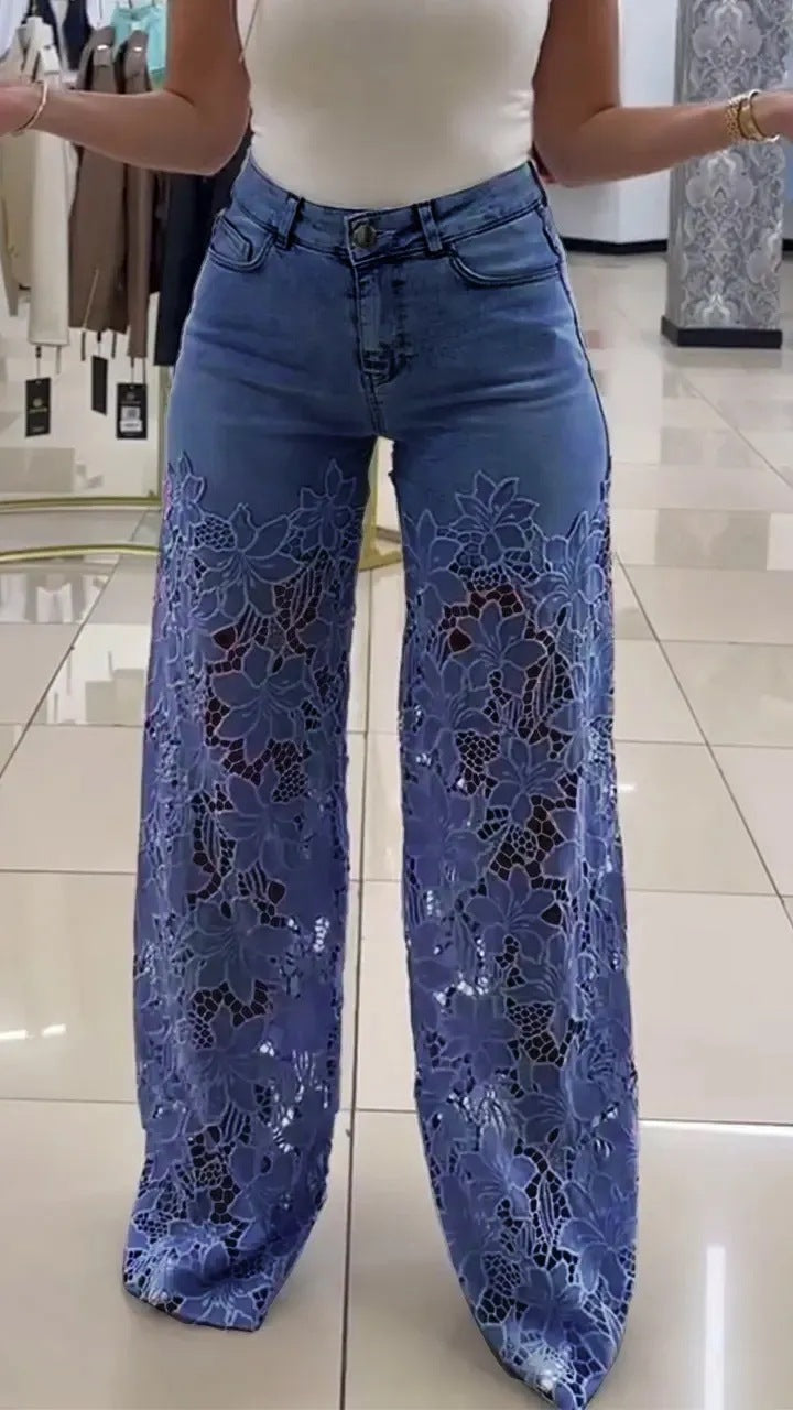 High-Waiste Wide-Leg Floral Denim Jeans