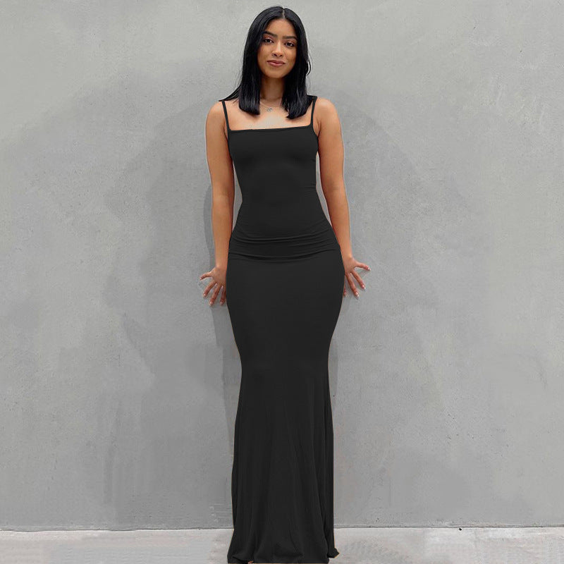 Slim Waist Fit Sling Dress with Peach Hip Design