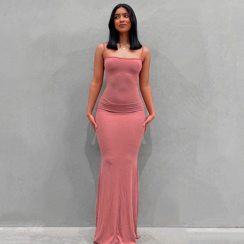 Slim Waist Fit Sling Dress with Peach Hip Design