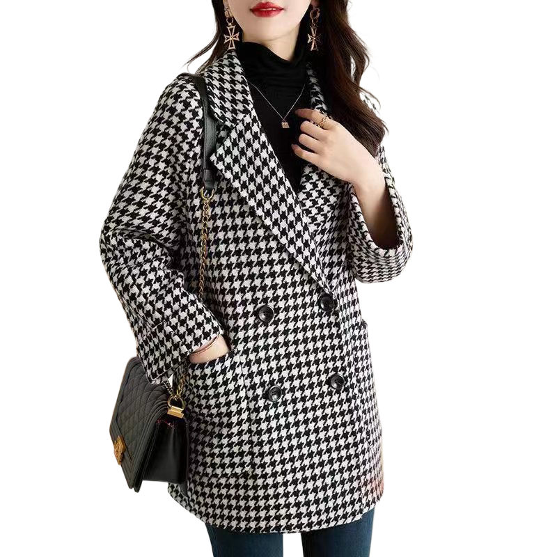 Houndstooth Woolen Thickened Coat