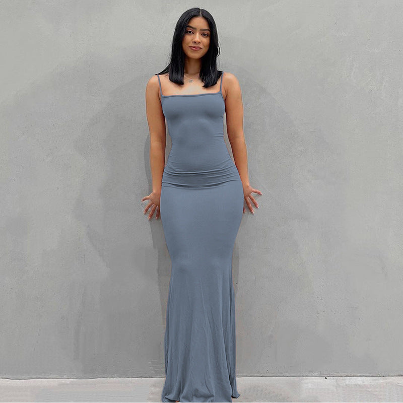 Slim Waist Fit Sling Dress with Peach Hip Design