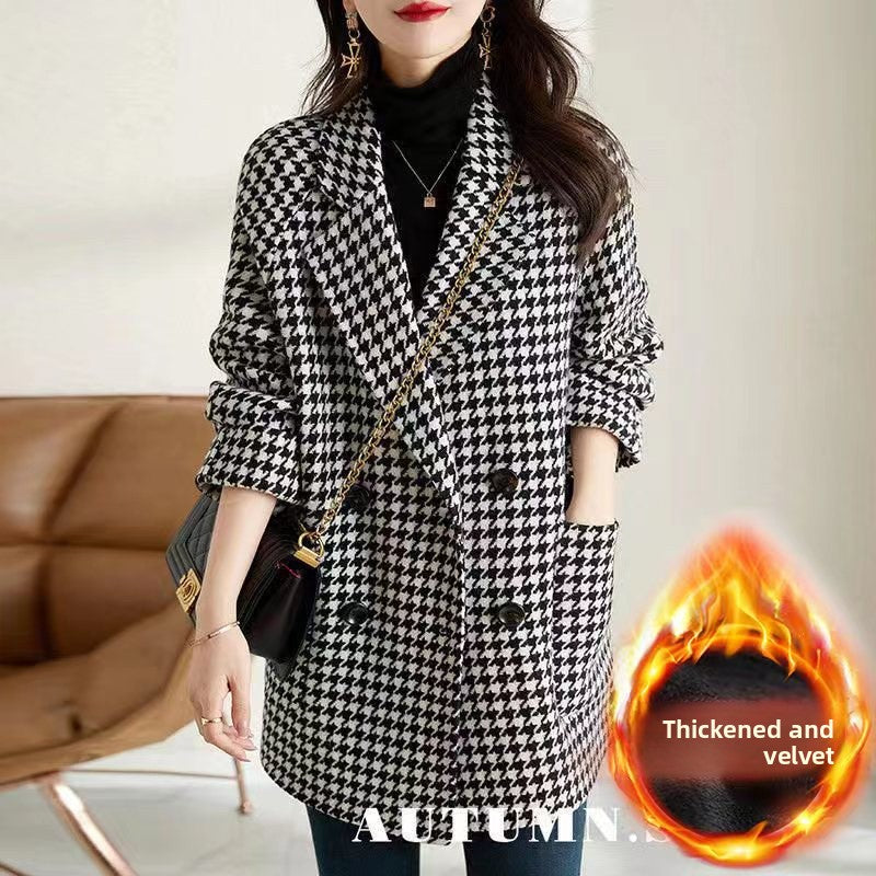 Houndstooth Woolen Thickened Coat