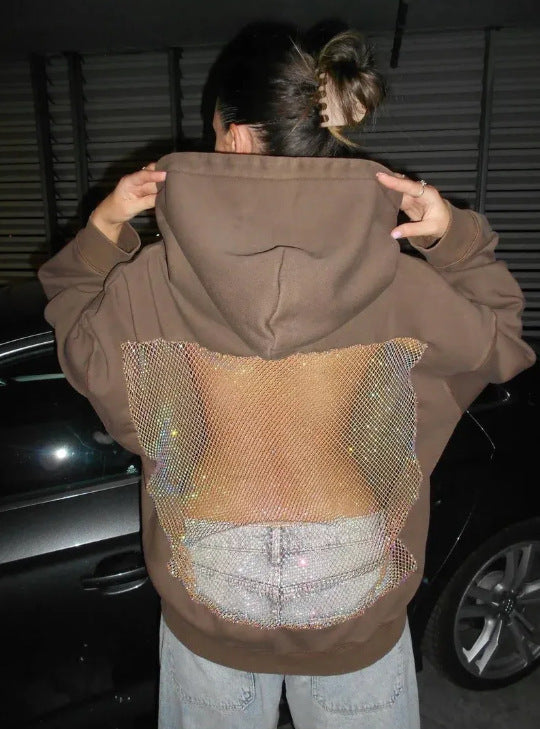 Backless Cut Out Mesh Hoodie Sweatshirt