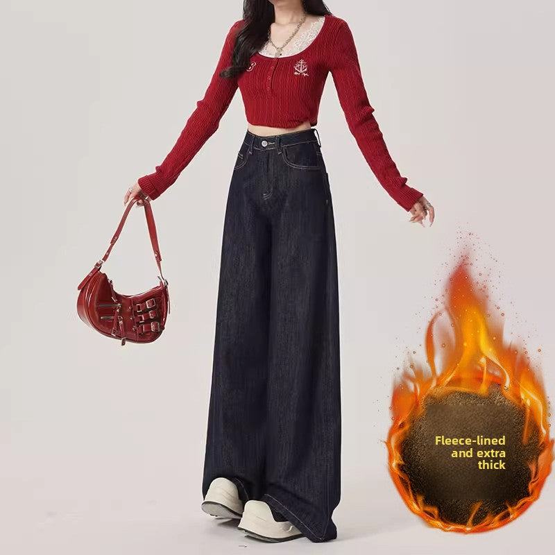 Fleece-Lined Thick Wide-Leg Jeans