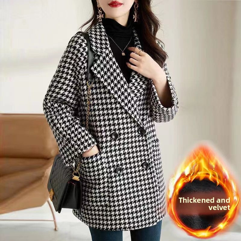 Houndstooth Woolen Thickened Coat