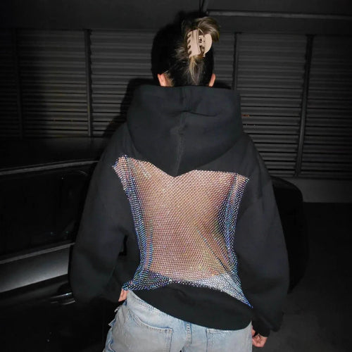 Backless Cut Out Mesh Hoodie Sweatshirt