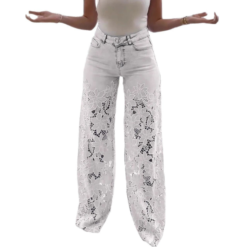 High-Waiste Wide-Leg Floral Denim Jeans