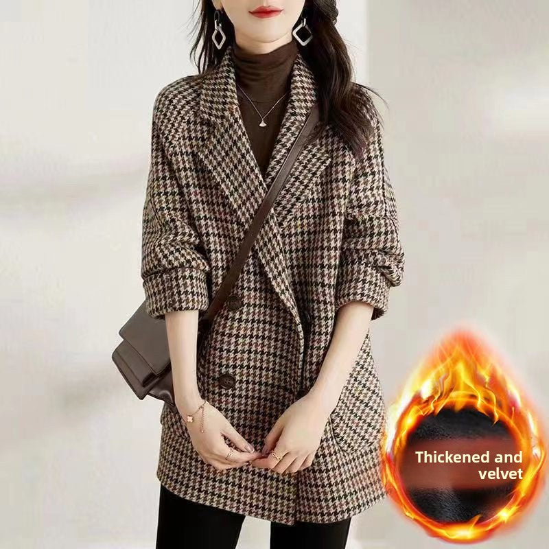 Houndstooth Woolen Thickened Coat