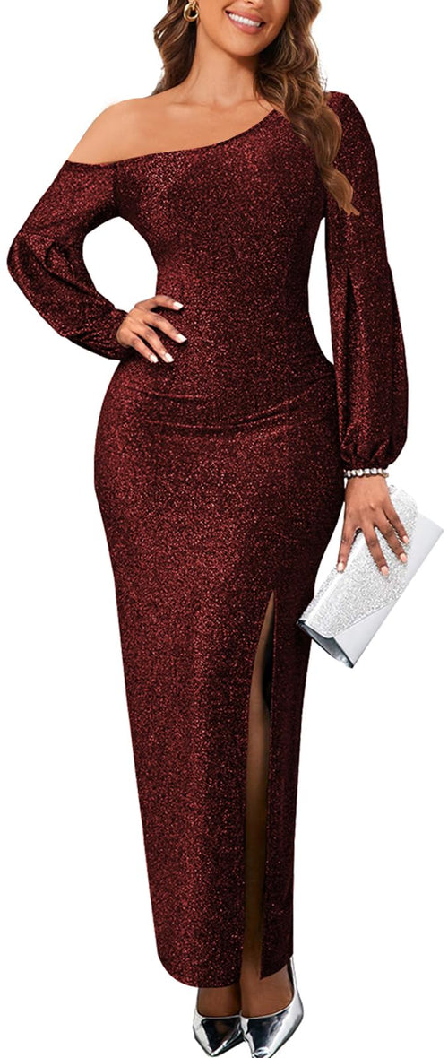 Chic Wine Red Sequin Prom Maxi Dress